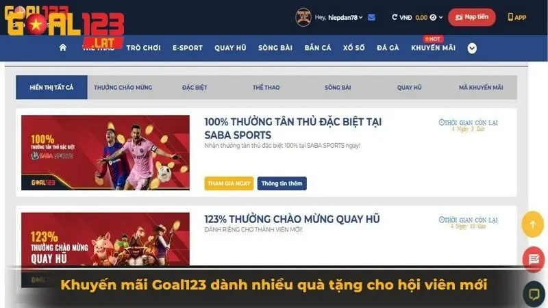 Khuyến mãi Goal123 dành nhiều quà tặng cho hội viên mới
