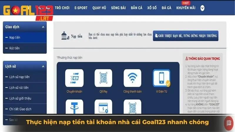 Thực hiện nạp tiền tài khoản nhà cái Goal123 nhanh chóng