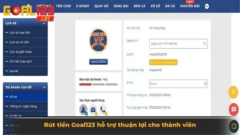 Rút tiền Goal123 hỗ trợ thuận lợi cho thành viên